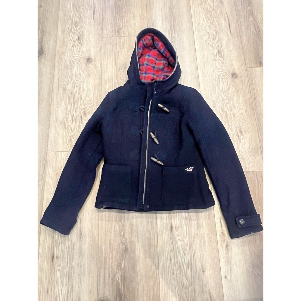 Youth Hollister Toggle Duffle Coat Wool Blend Hooded Plaid Lined Jacket Navy L